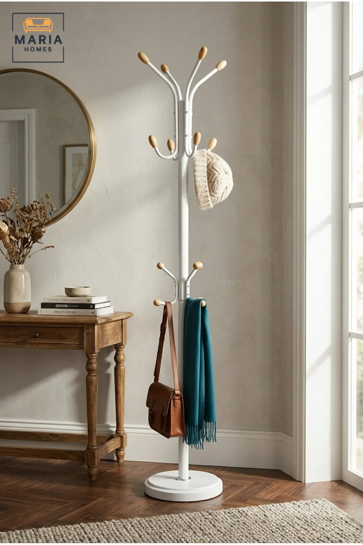 Freestanding Coat Rack with Multiple Hooks and Round Base, Floor-Standing Clothes Hanger for Jackets, Hats, Bags, Scarves, Bedroom and Entryway