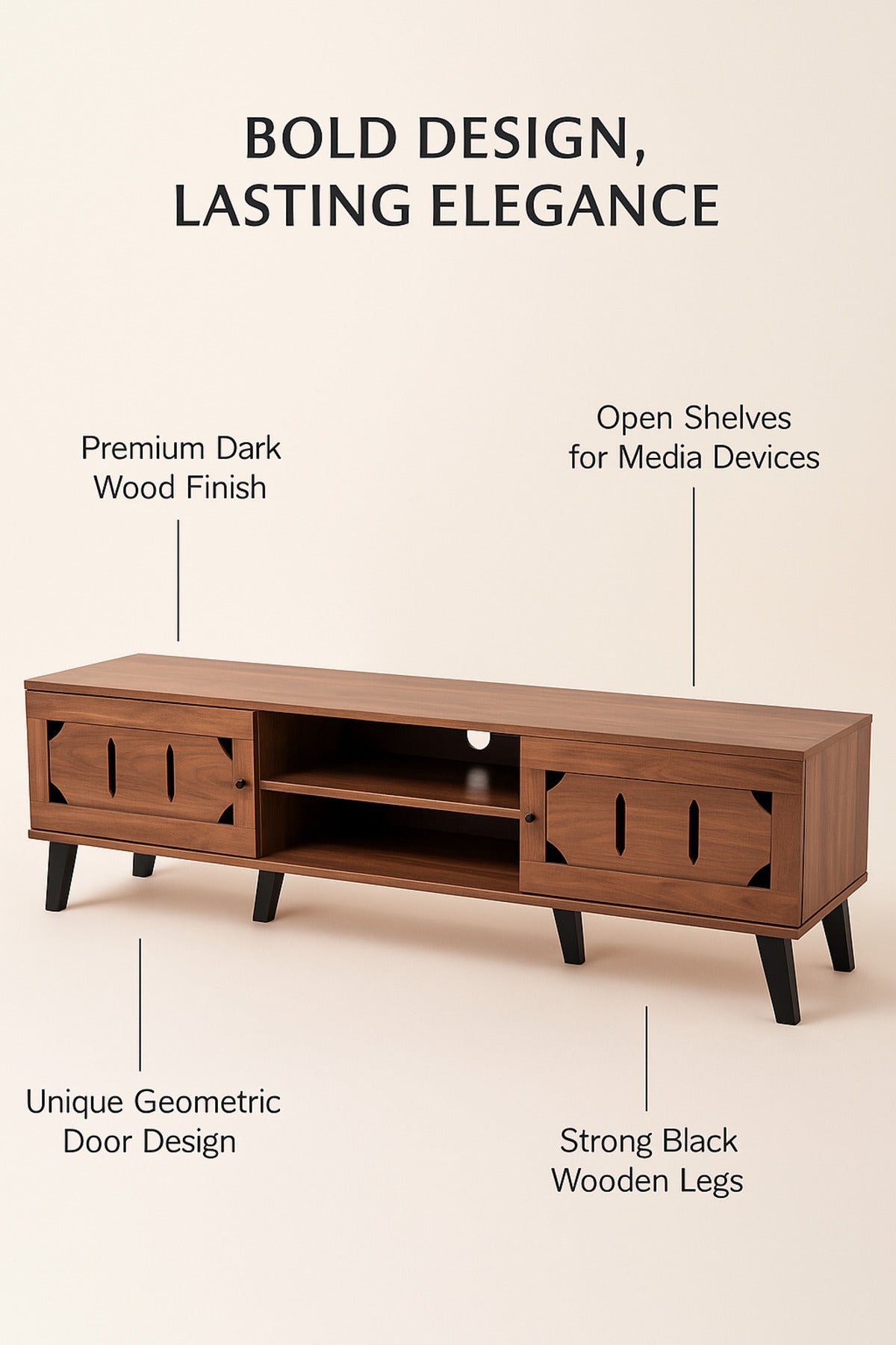 Dark Brown Wooden TV Stand 180_40_44 cm Ð Modern TV Unit with Cutout Design Doors and Open Shelves