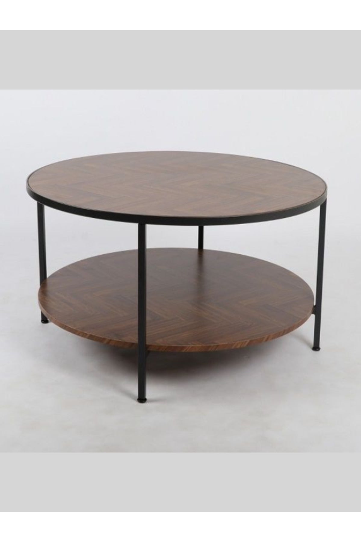 Round Brown Coffee Table with Wooden Shelves Modern Center Table with Black Metal Frame 100_45 cm