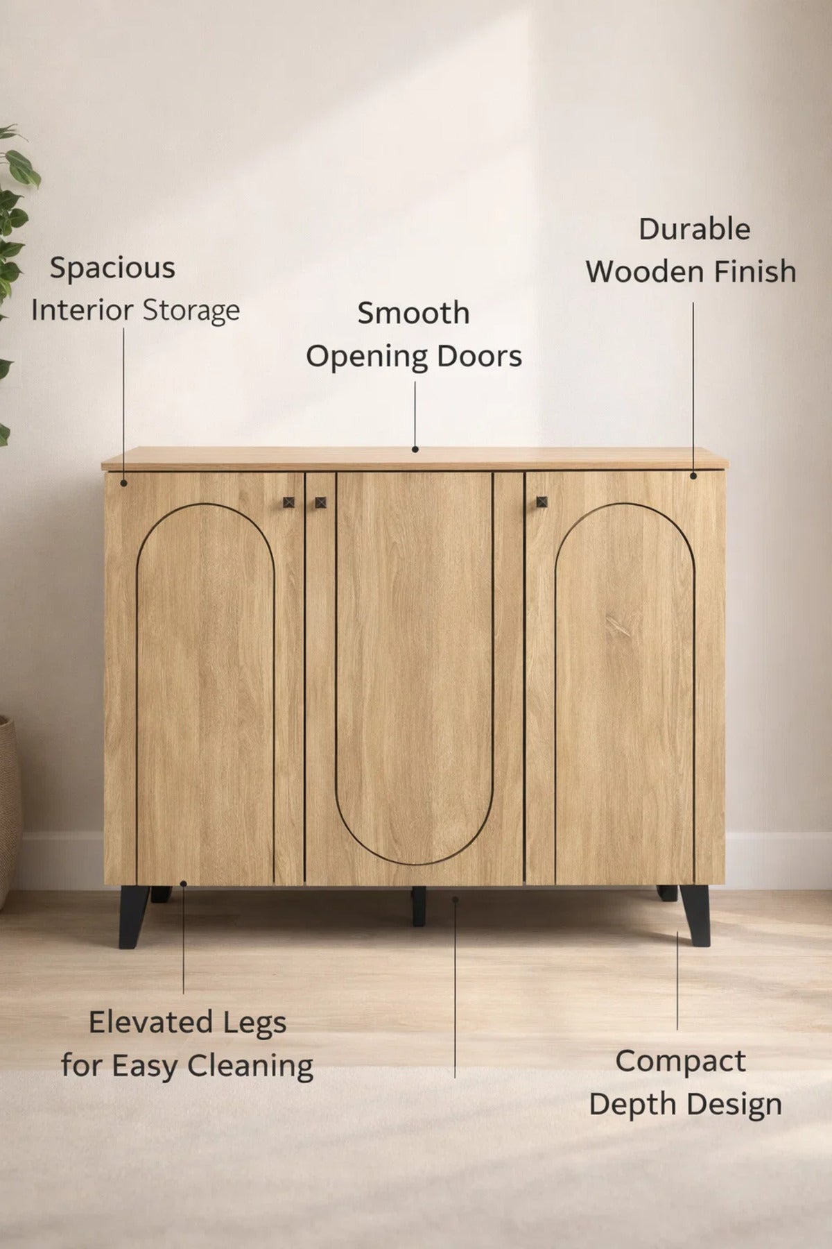 Light Brown Wooden Shoe Cabinet with 3 Doors 120 x 32 x 94 cm