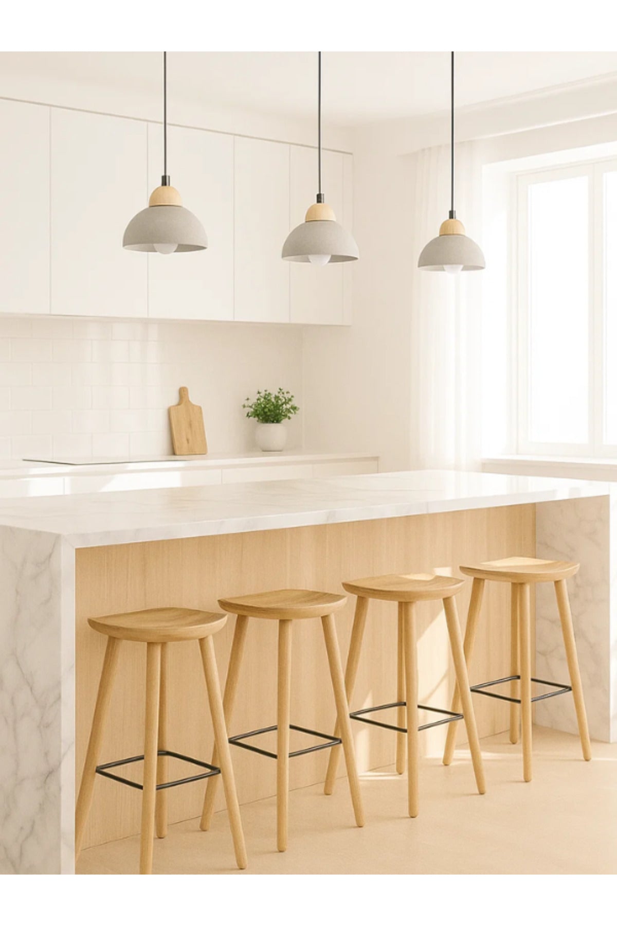 Modern Gray Pendant Light Ð Concrete and Wood Hanging Lamp for Living & Dining Room