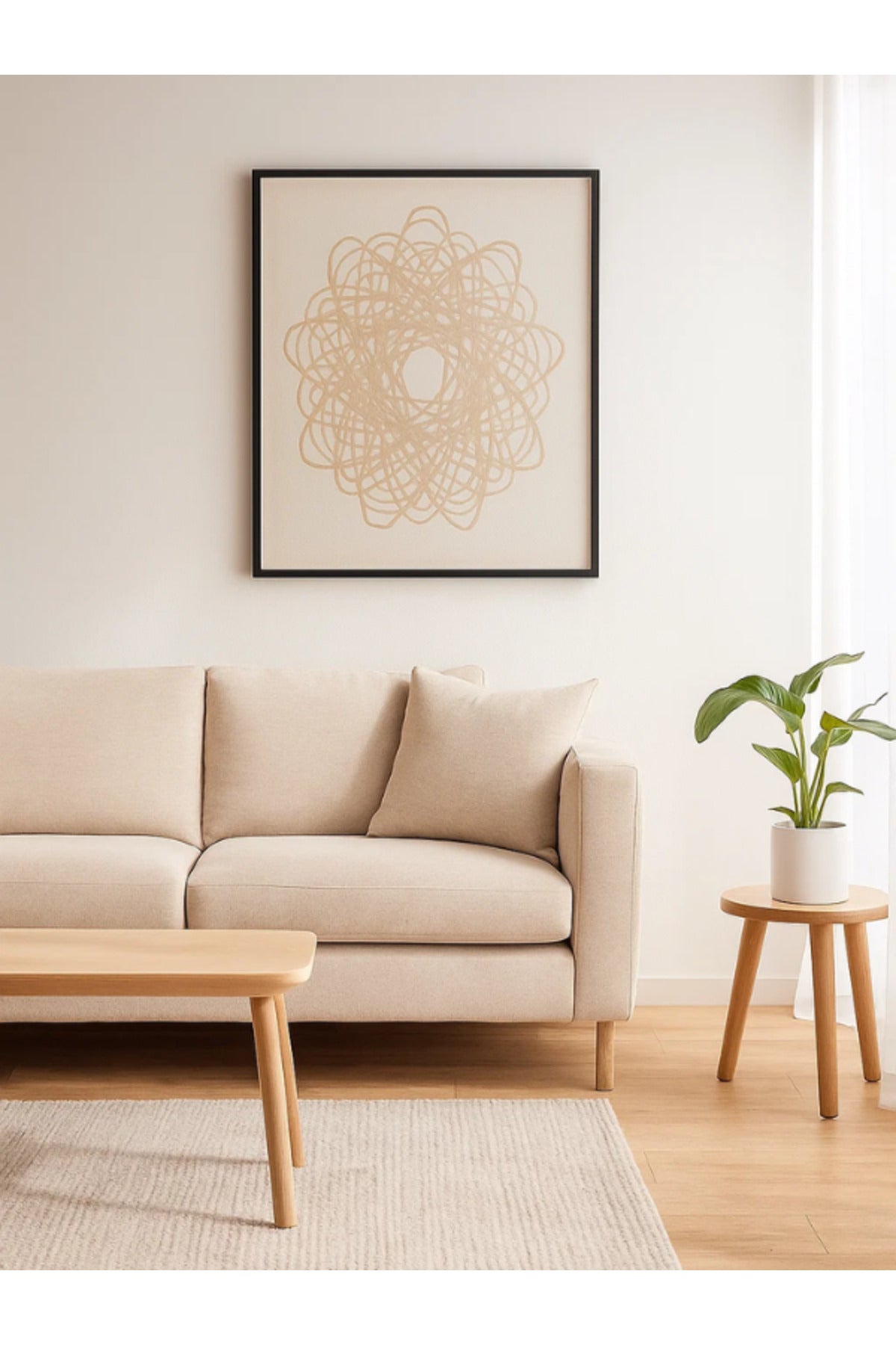 Modern Abstract Wall Art Ð 90_90 cm Beige Line Pattern Framed Canvas Decoration