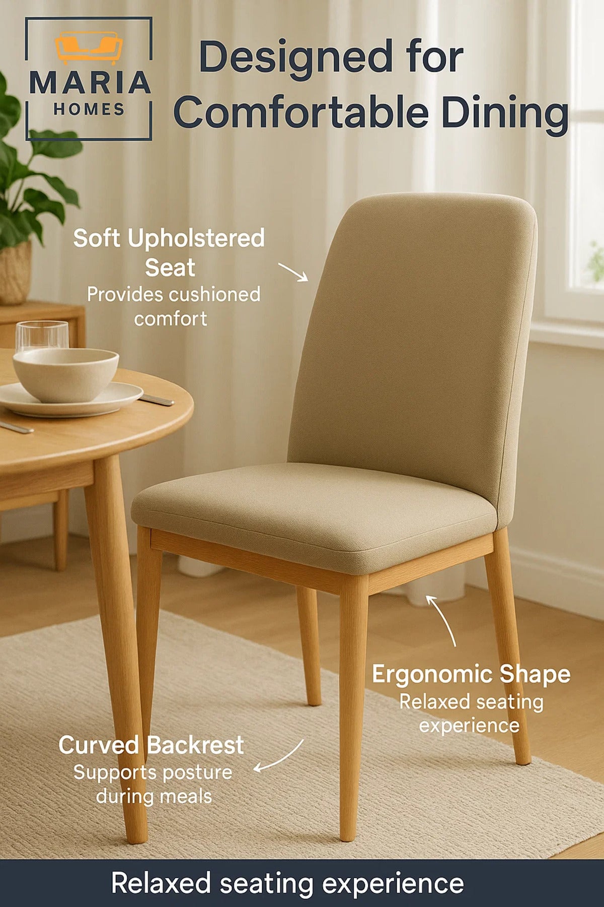 Modern Beige Fabric Dining Chair with Wooden Legs