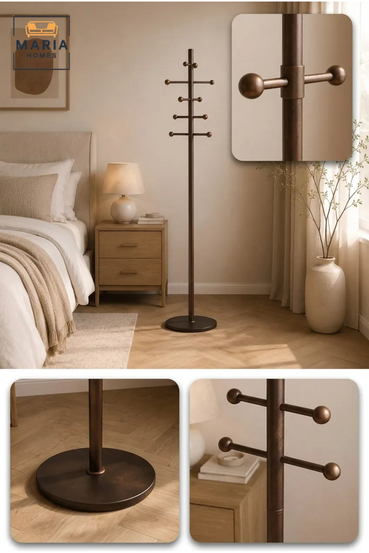 Modern Brown Coat Rack with Black Base √ê Freestanding Clothes Stand, Entryway Organizer & Multi-Hook Coat Tree
