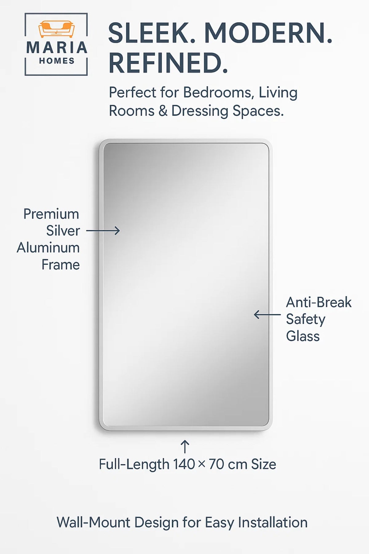 Silver Frame Wall Mirror for Bedroom, Bathroom & Living Room Modern D≈Ωcor 70x140
