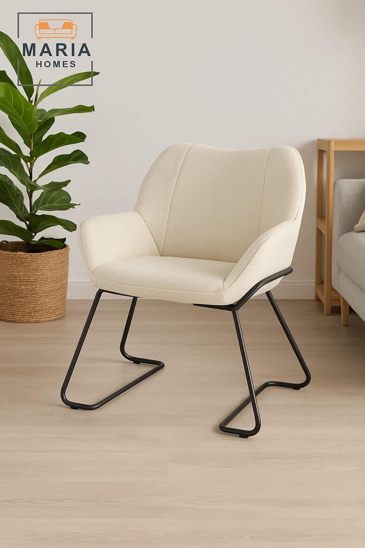 Cream Upholstered Lounge Chair Ð Wide Fabric Armchair with Sled Metal Legs for Home or Office Use