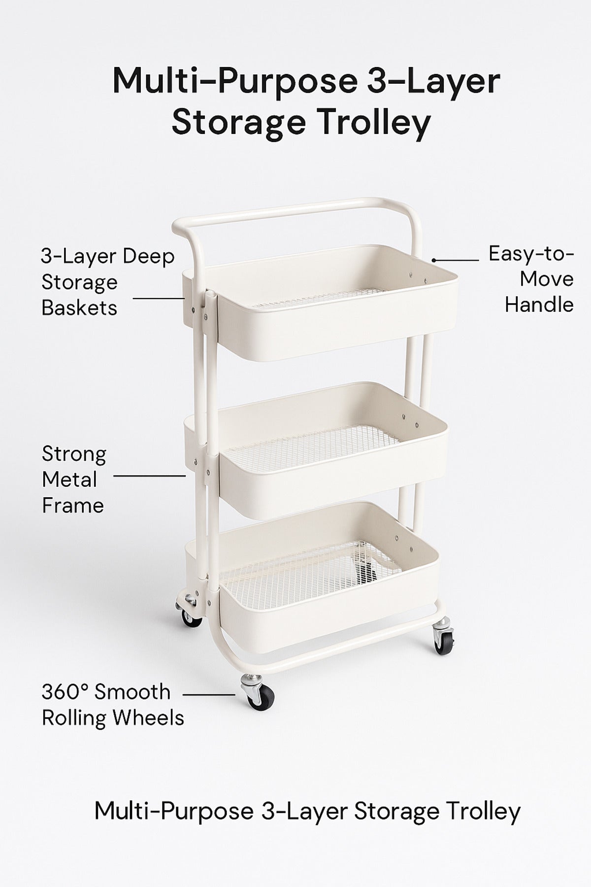 3-Layer White Metal Storage Trolley with Wheels Ð Multi-Purpose Rolling Organizer Cart