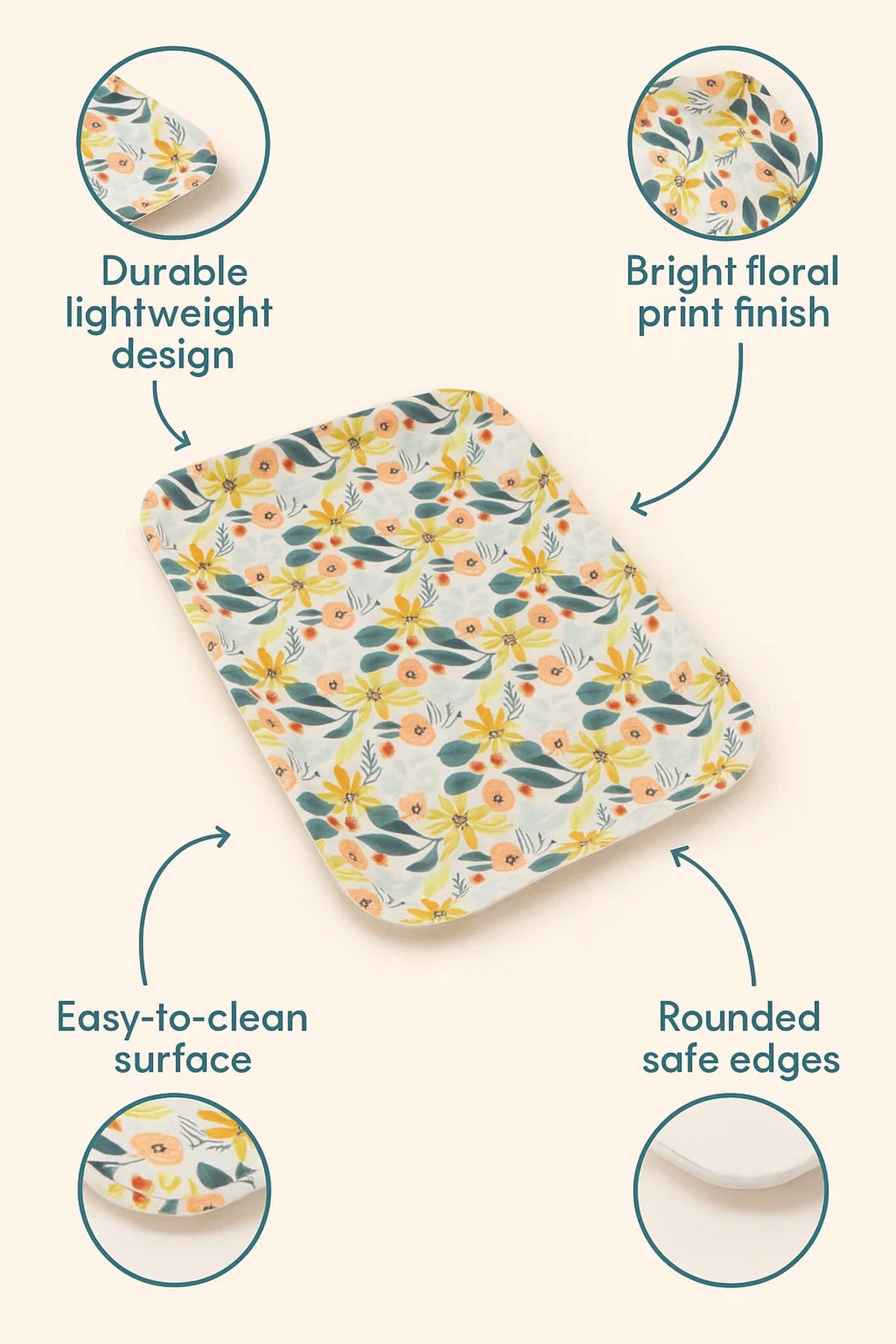 Rectangular Plastic Serving Tray with Multicolor Floral Print Ð Medium Size
