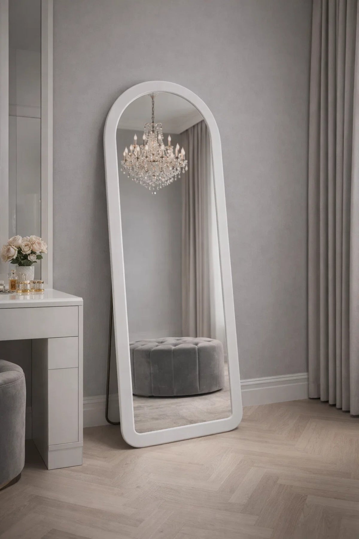Modern White Arched Standing Mirror Full Length Floor Design 160x60cm for Bedroom Furniture