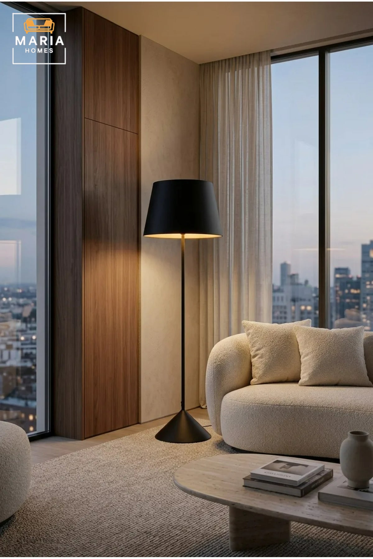 Modern Black Floor Lamp with Fabric Shade and Sculptural Flared Base, Freestanding Standing Light for Living Room, Bedroom, Reading Corner and Office