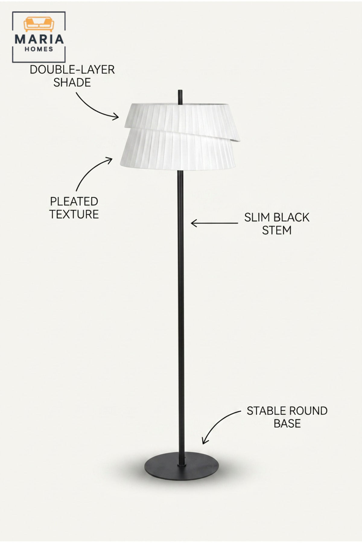 Modern Floor Lamp with Layered Pleated Fabric Shade, Slim Upright Stand and Round Base Decorative Standing Light for Living Room Bedroom Office and Hotel