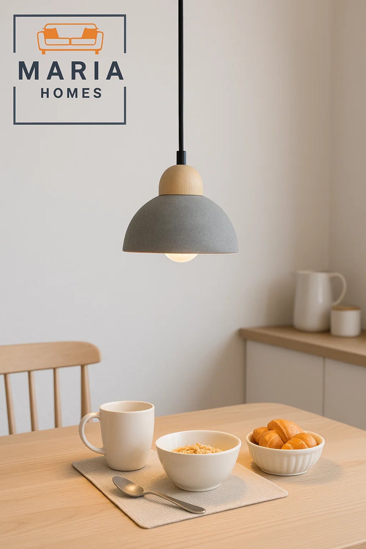 Textured Grey Dome Pendant Light with Wood Top