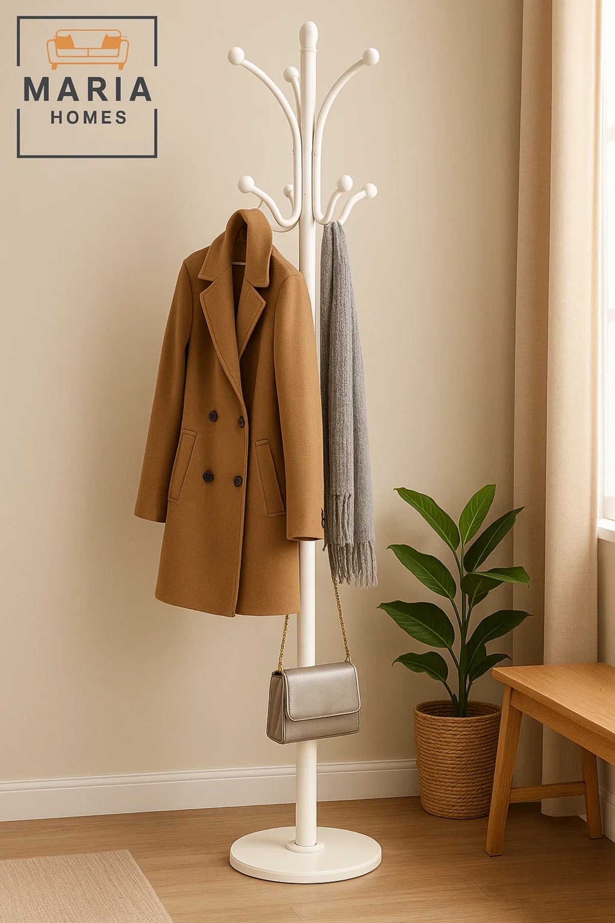 Classic White Coat Rack with Ball-End Hooks and Round Base