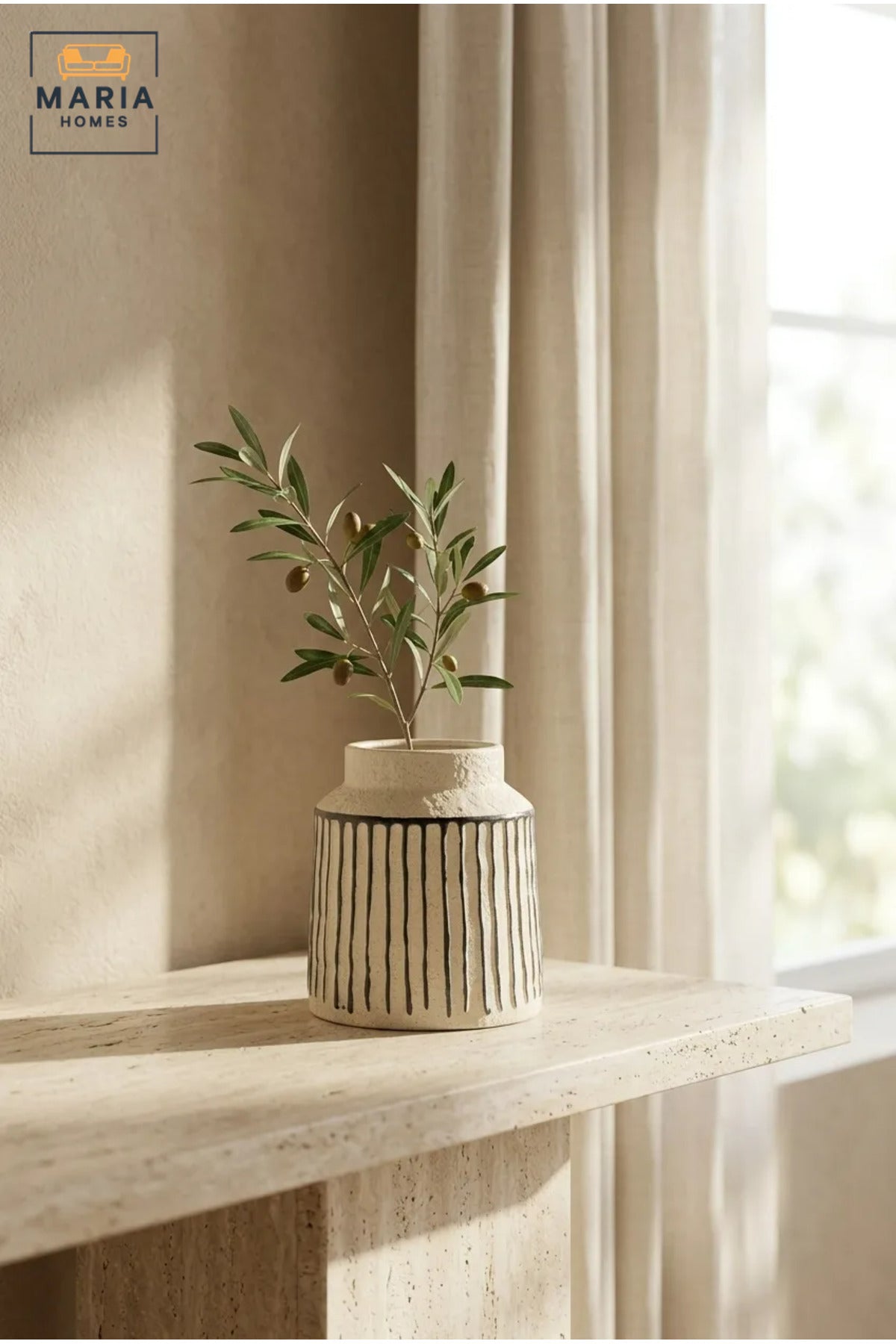 Cream and Black Striped Decorative Vase, Modern Ceramic Flower Holder with Wide Opening for Living Room, Bedroom, Office, Shelf and Table Décor