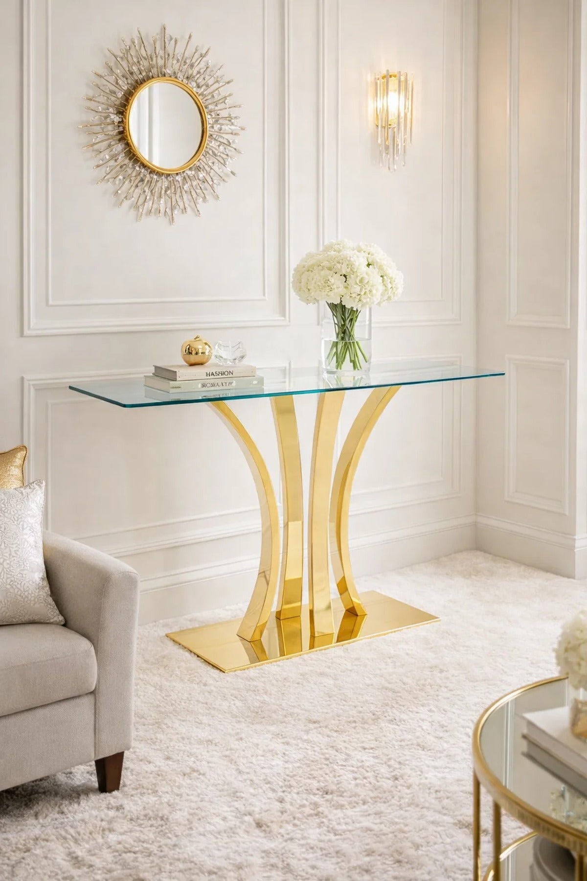 Luxury Gold Metal Console Table with Glass Top Modern Entryway Furniture for Hallway Living Room