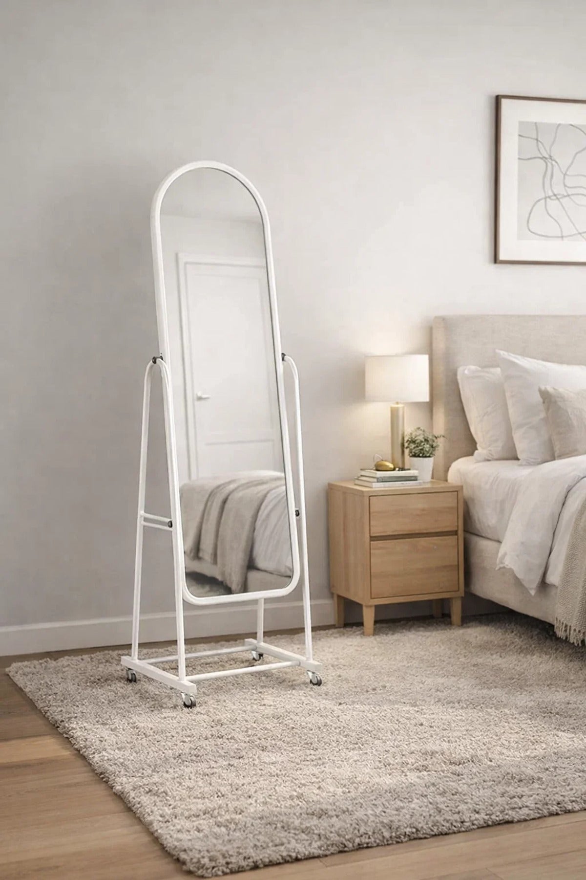 White Full Length Standing Mirror with Wheels and Shelf Adjustable Angle Arched Metal Frame Decor