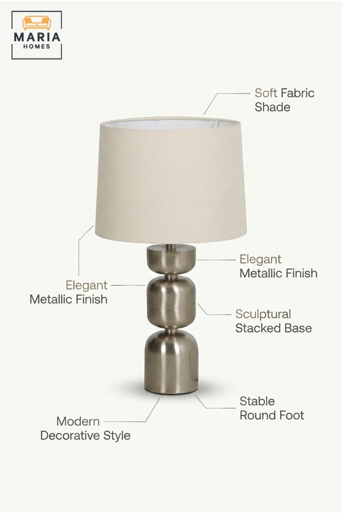 Modern Silver Table Lamp with Stacked Geometric Base and Fabric Shade Decorative Bedside Light for Bedroom Living Room Office and Hotel Décor