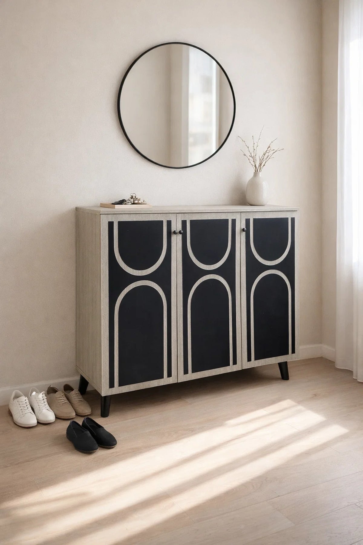 Modern Beige and Black Shoe Cabinet Sideboard with Three Doors for Stylish Hallway Organization