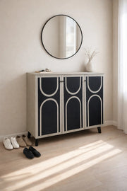 Modern Beige and Black Shoe Cabinet Sideboard with Three Doors for Stylish Hallway Organization