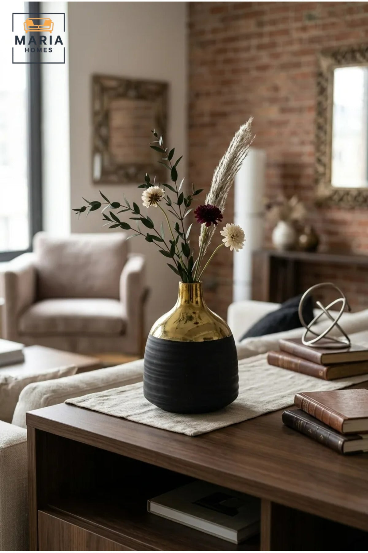 Modern Decorative Flower Vase with Gold-Tone Neck, Textured Rounded Body and Narrow Opening for Living Room, Bedroom, Office and Console Décor