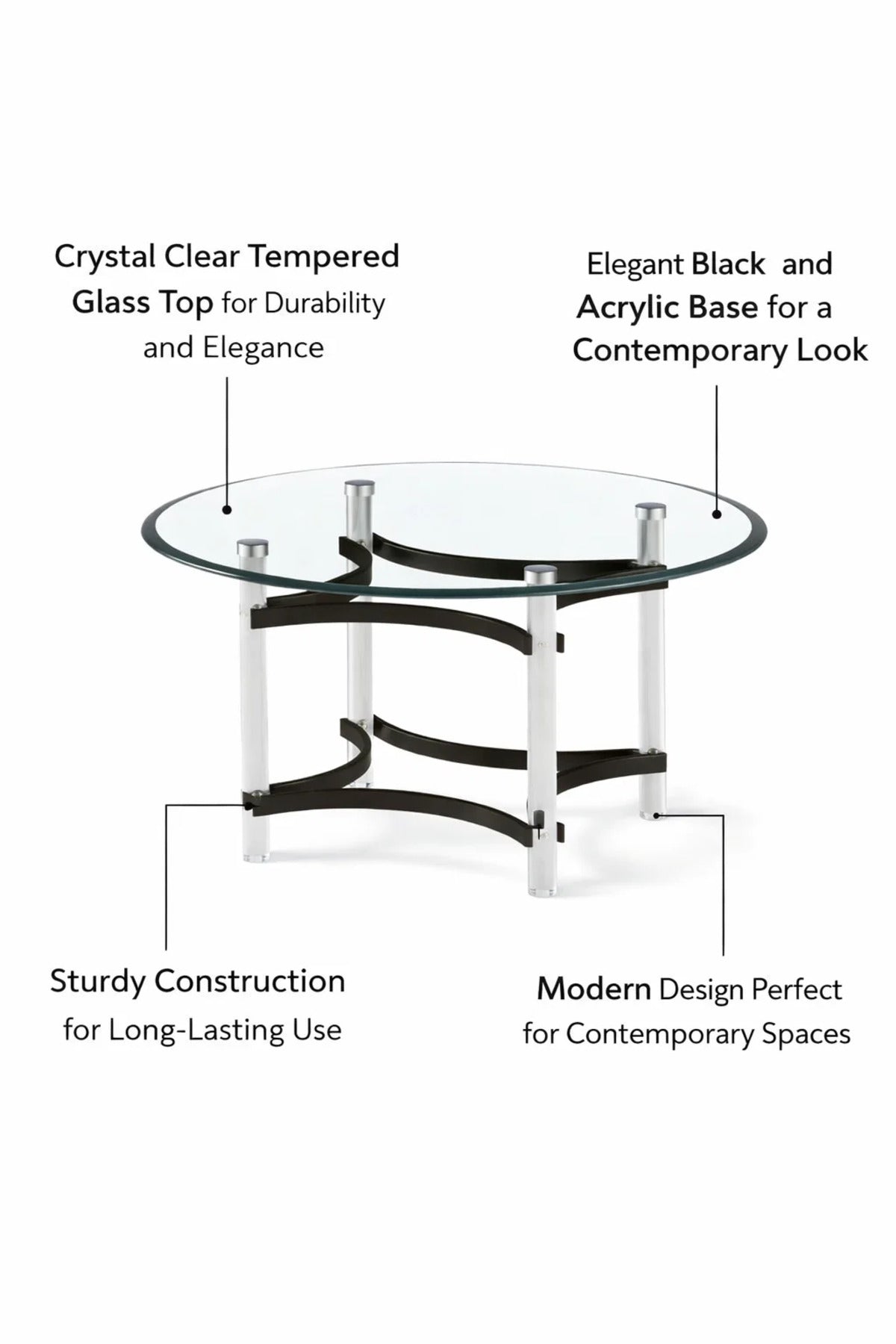 Modern Round Glass Center Table with Black Acrylic Frame for Stylish Living Room Decor 90cm