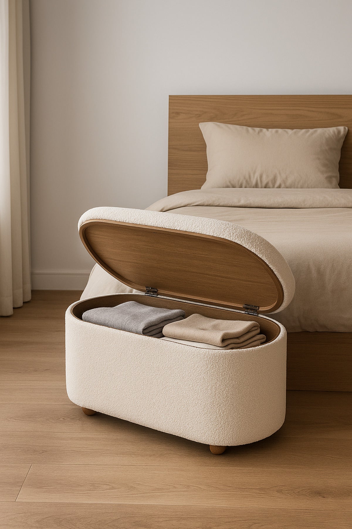 White Oval Storage Ottoman Bench with Wooden Base Ð Modern Bedroom Seat 88_35_40 cm