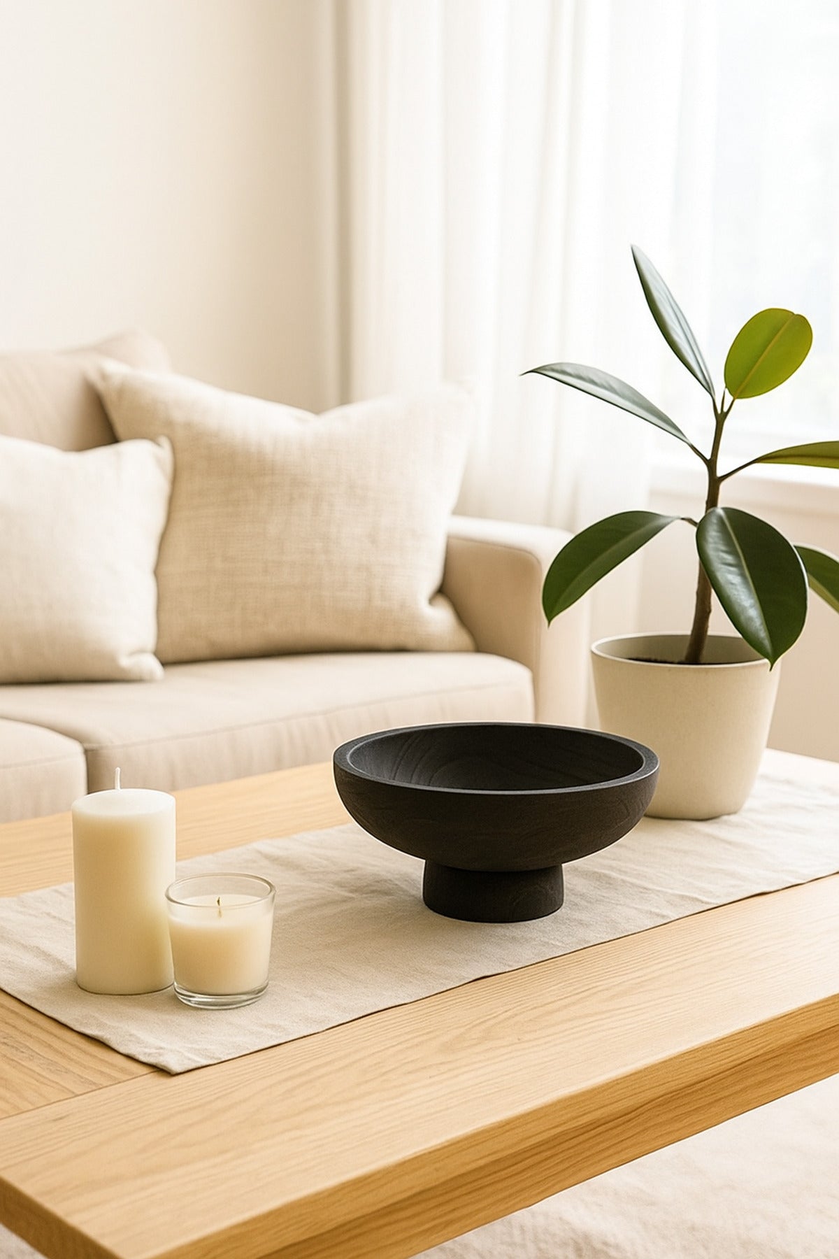 Black Wooden Decorative Bowl with Pedestal Base Ð Modern Centerpiece