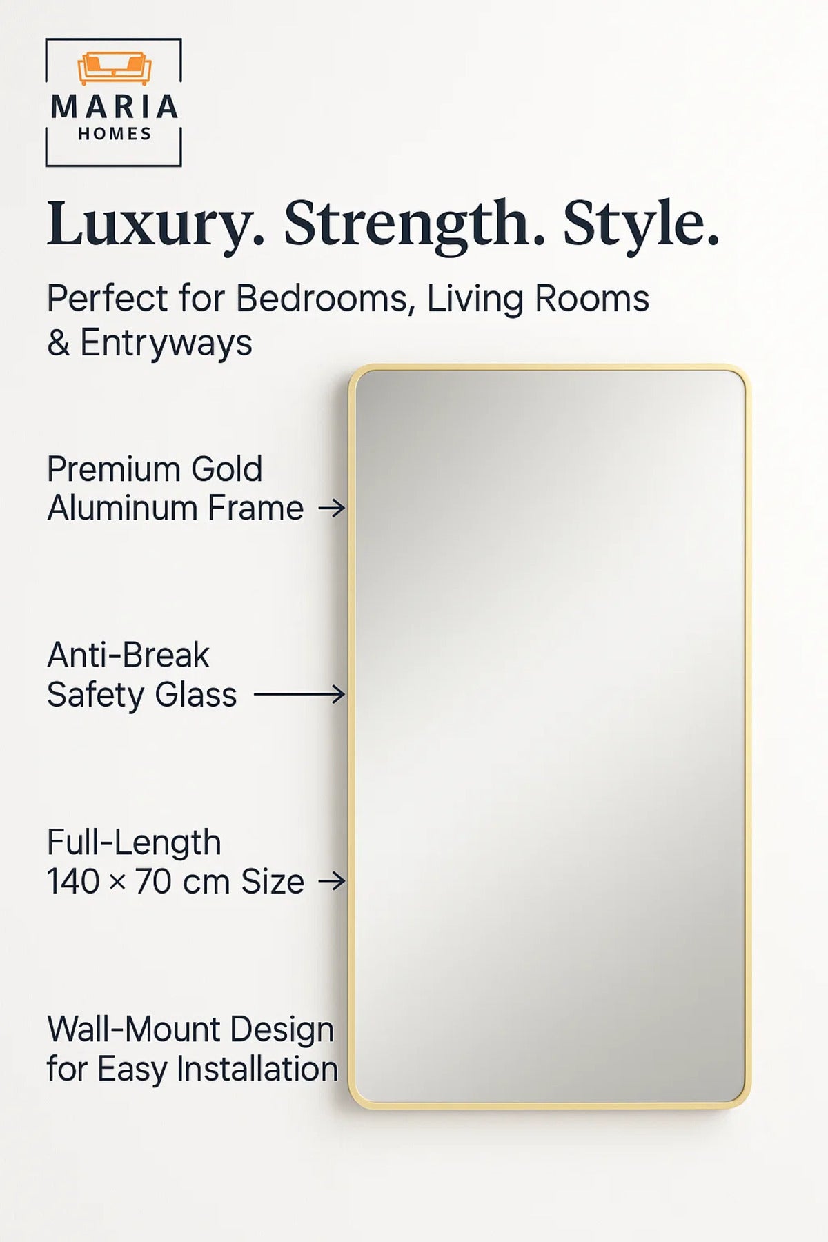 Gold Frame Wall Mirror for Bedroom, Bathroom & Living Room Home D≈Ωcor 70x140
