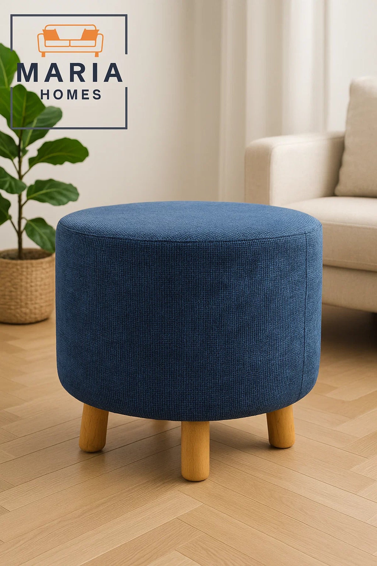 Round Blue Velvet Ottoman Stool Ð Modern Wooden Legs for Living Room or Bedroom