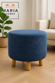Round Blue Velvet Ottoman Stool Ð Modern Wooden Legs for Living Room or Bedroom