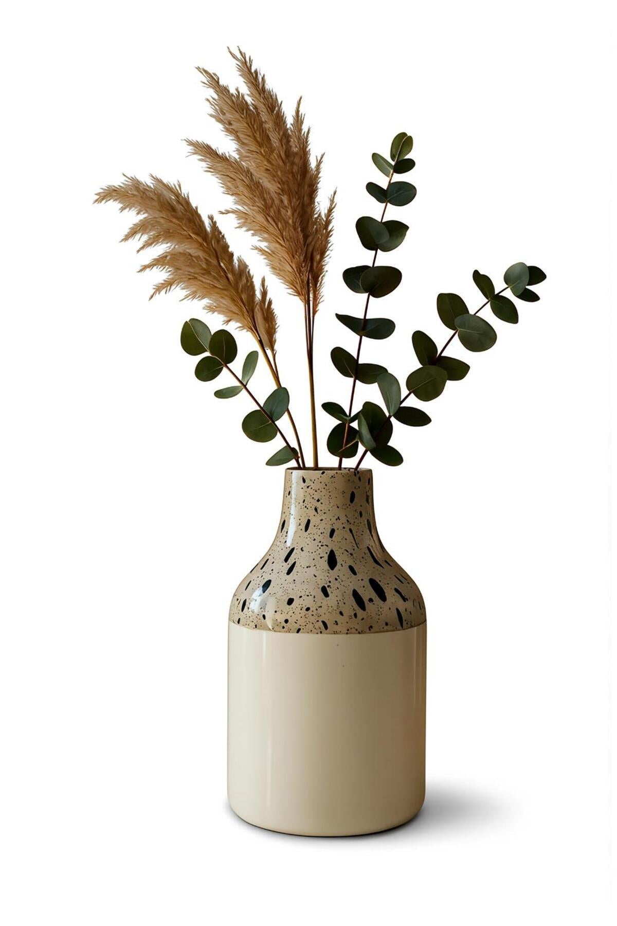 White Ceramic Vase with Terrazzo Speckled Neck – Modern Glossy Decorative Flower Pot