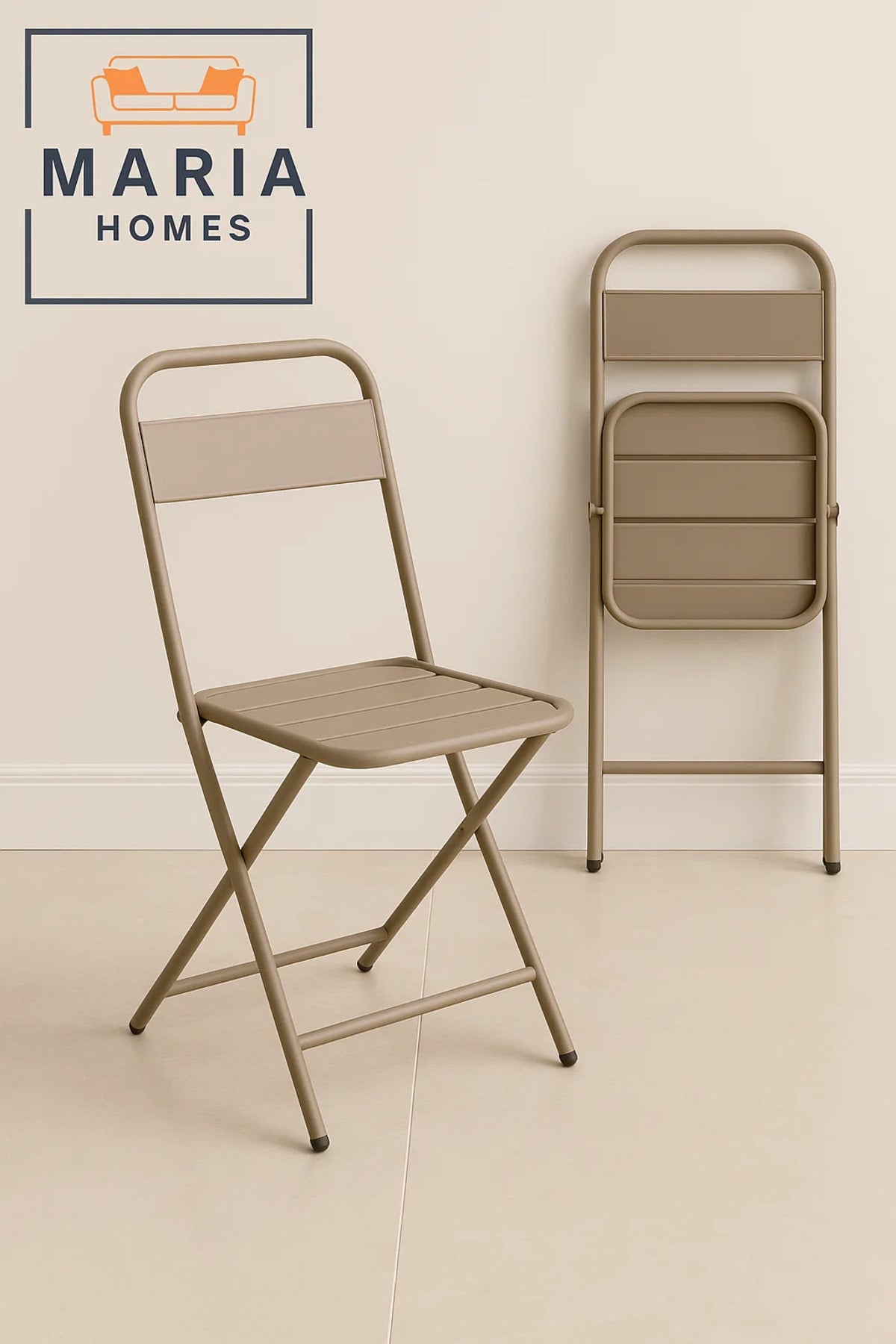 Beige Folding Metal Chair with Slatted Design Ð Space-Saving & Durable for Indoor/Outdoor Use