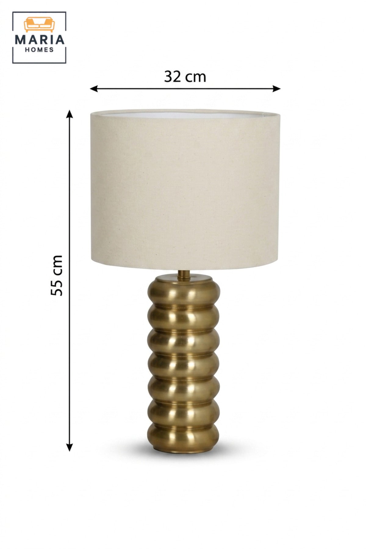 Modern Gold Ribbed Table Lamp with Fabric Drum Shade Sculptural Bedside Light for Bedroom Living Room Office Console Table and Hotel Décor