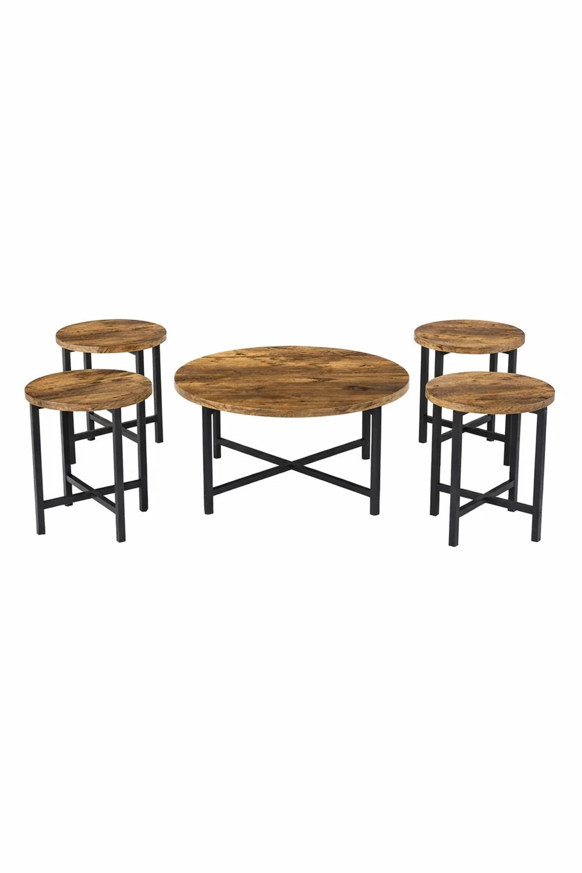 Industrial 5-Piece Round Coffee Table Set Rustic Brown Wood Center Table with 4 End Tables Home