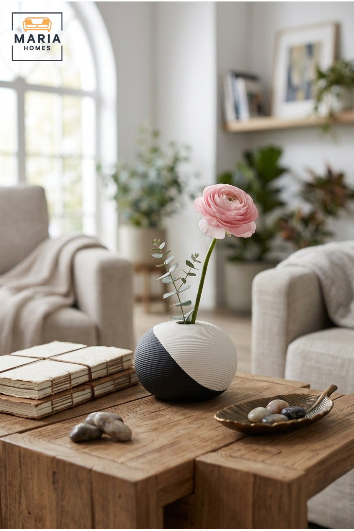 Modern Decorative Flower Vase with Two-Tone Abstract Design, Low Round Shape and Ribbed Texture for Living Room, Office, Shelf and Console Décor
