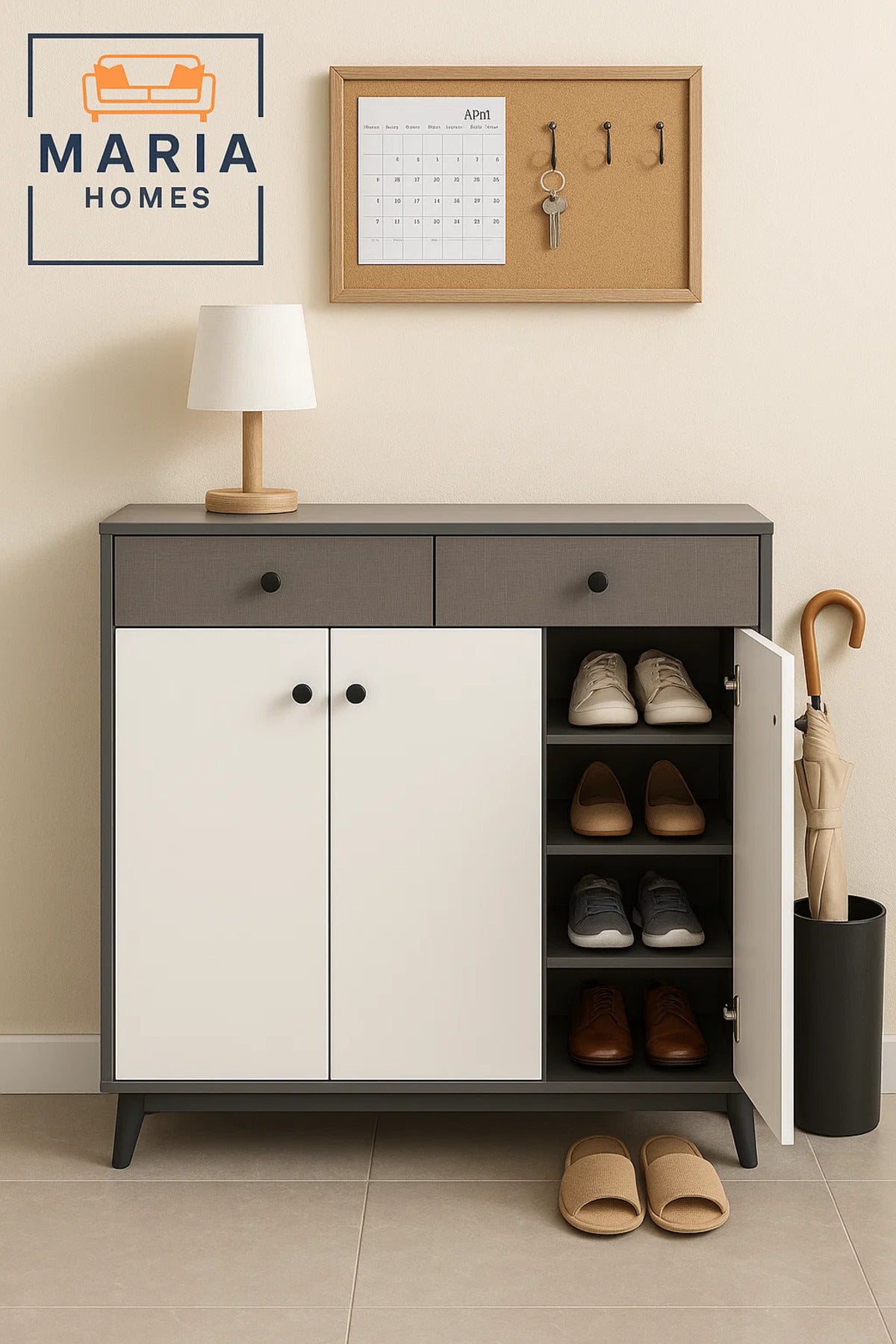 Modern White and Grey Shoe Rack Cabinet with Drawers Ð Stylish Entryway Storage Organizer