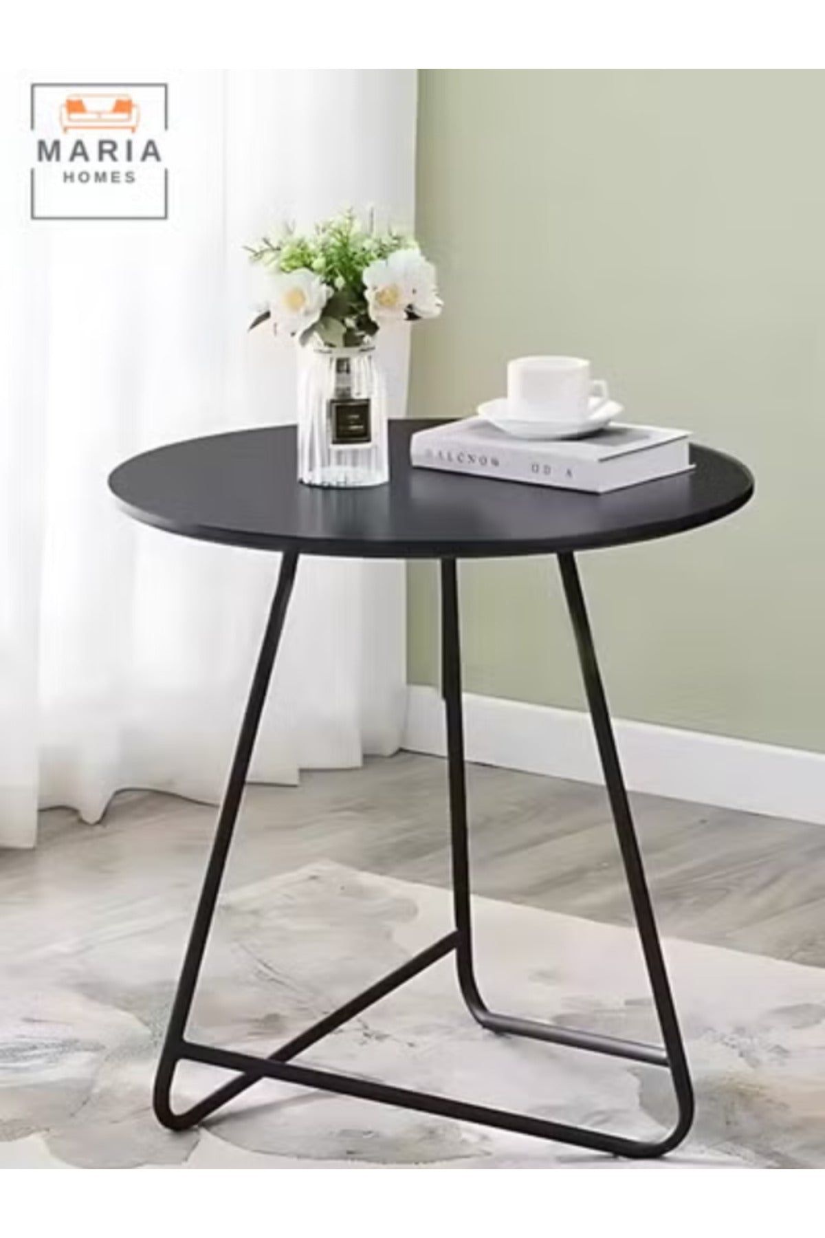 Modern Black Round Side Table with Geometric Metal Frame Perfect for Living Rooms and Offices