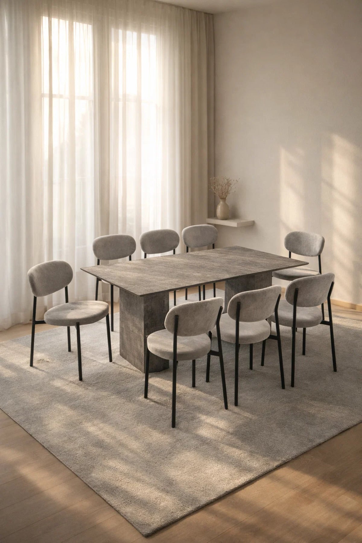 Luxury 8-Person Grey Dining Table Set with Modern Stone Effect Top and Upholstered Chairs for Home
