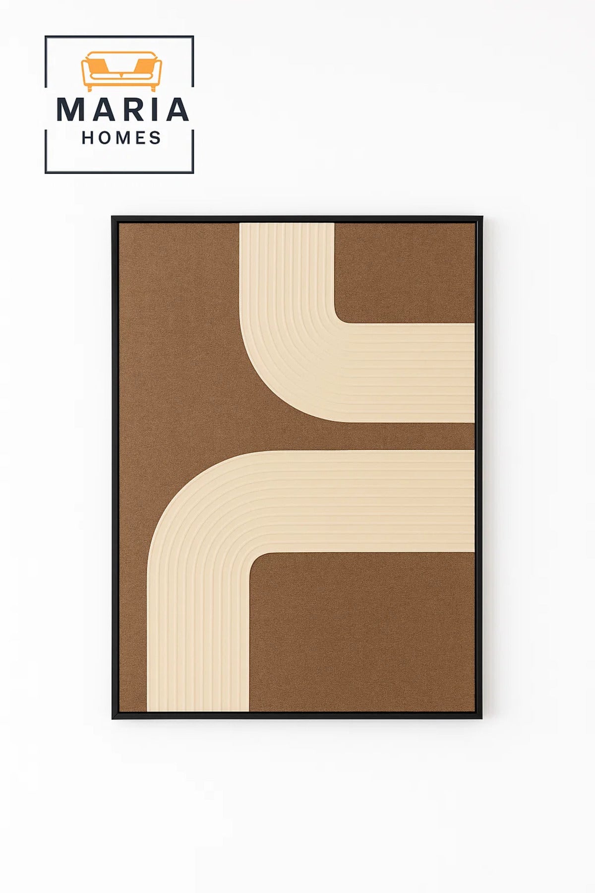 Framed Abstract Wall Art Ð Beige Curved Lines on Textured Brown Canvas and Size 123*4.3*123 cm