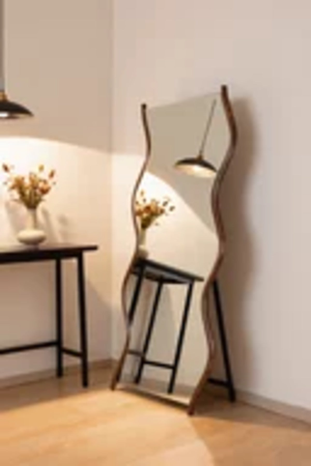 Modern Wavy Full Length Floor Mirror with Dark Wood Frame & Stand