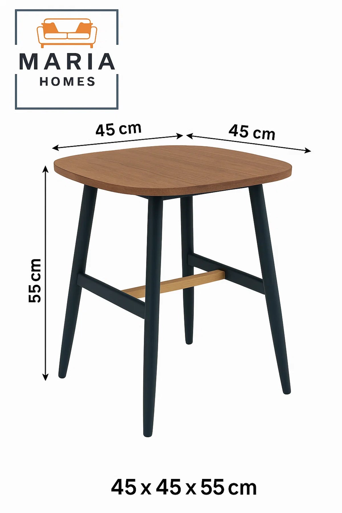 Square Wooden Table with Black Legs and Natural Crossbar Accent