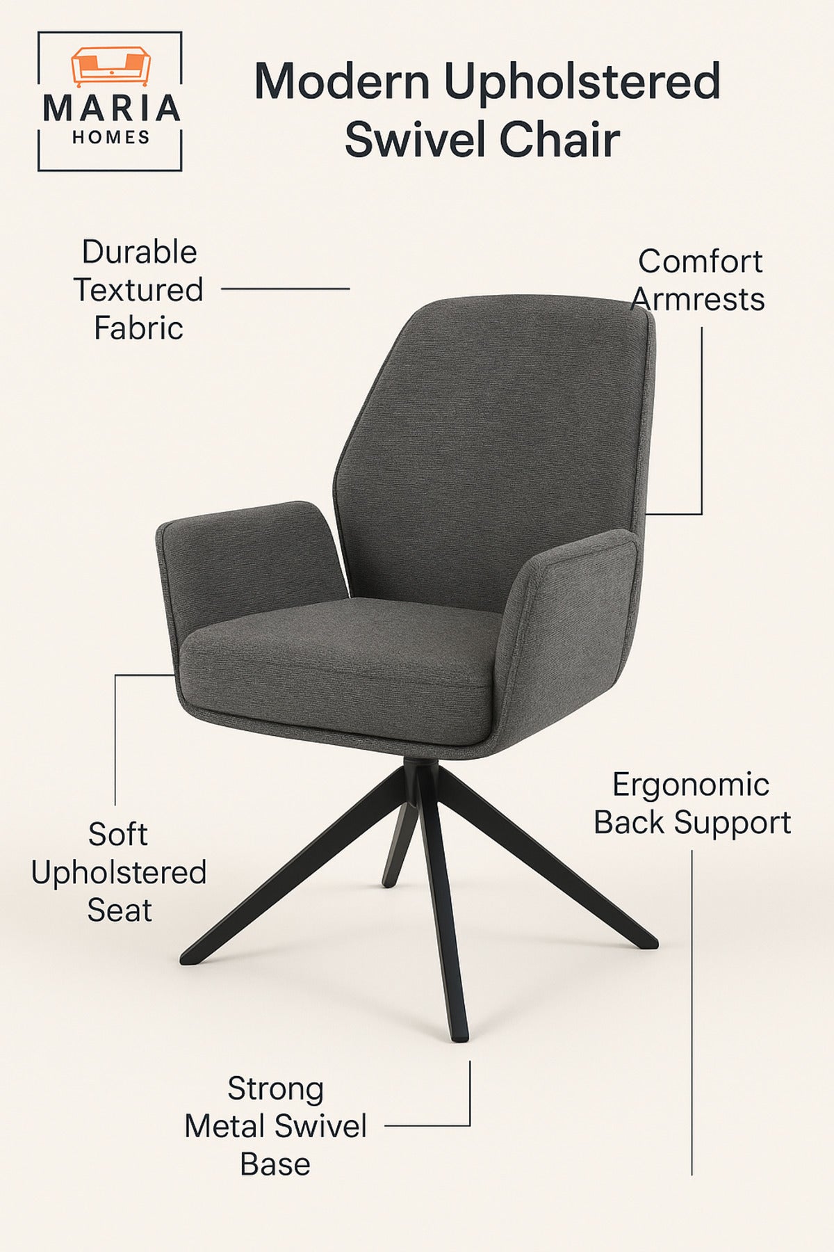 Ergonomic Grey Swivel Dining Chair with Armrests Modern Fabric Accent Chair for Home