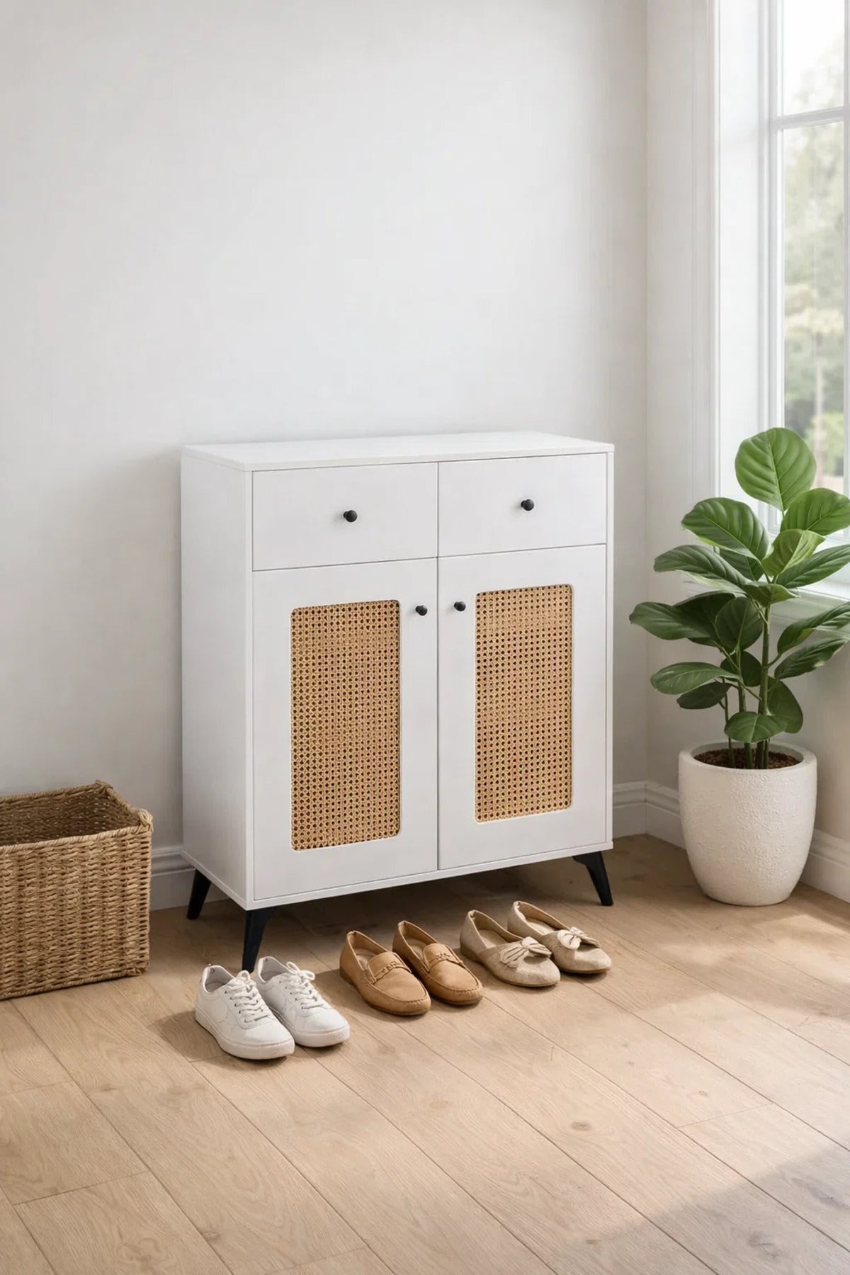 White Rattan Shoe Cabinet with Drawers - Modern Boho Storage Console for Entryway Living Room