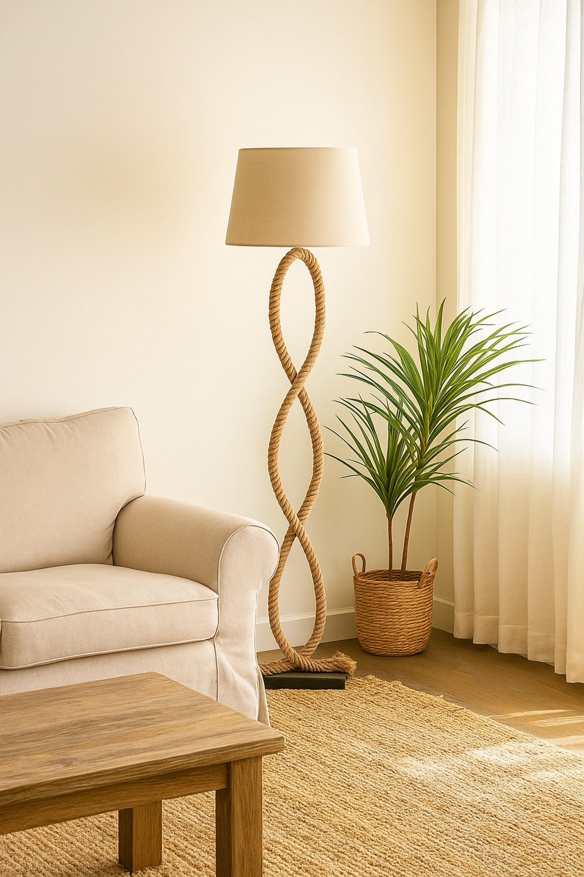 Rope Floor Lamp Natural Brown Fabric Shade with Artistic Rope Stand for Living Room & Bedroom