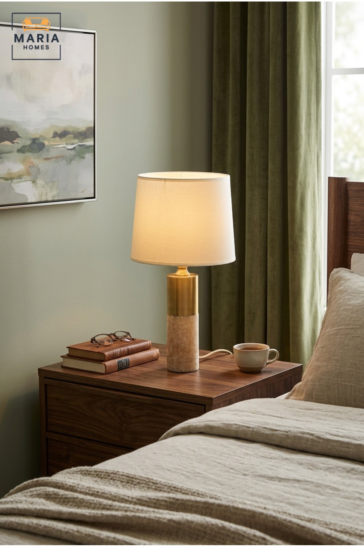 Luxury Marble Table Lamp with White Fabric Shade and Gold Tone Cylindrical Base for Bedroom, Living Room, Office, Hotel and Bedside Décor
