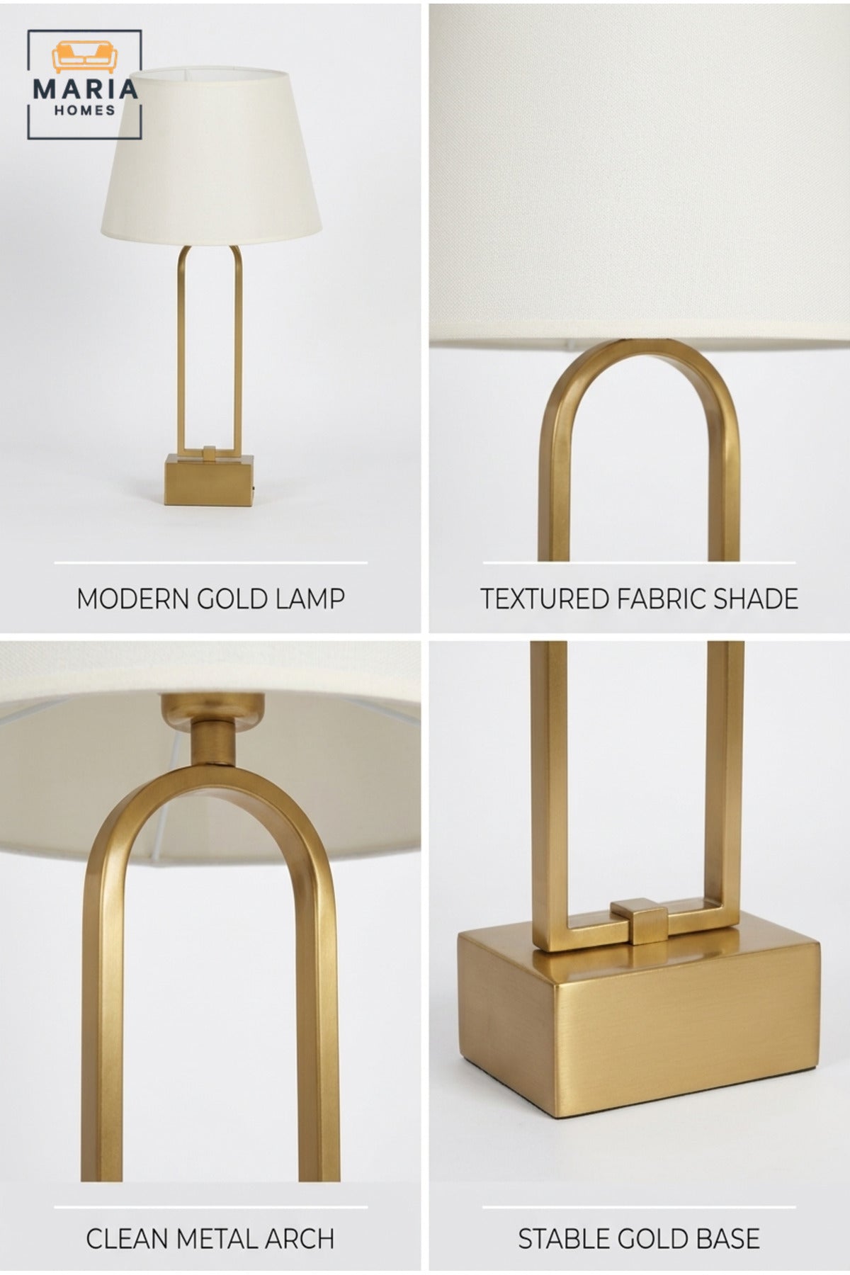 Modern Open Frame Table Lamp with White Fabric Shade, Antique Gold Tone Finish and Geometric Base for Bedroom, Living Room, Office, Hotel and Bedside Décor