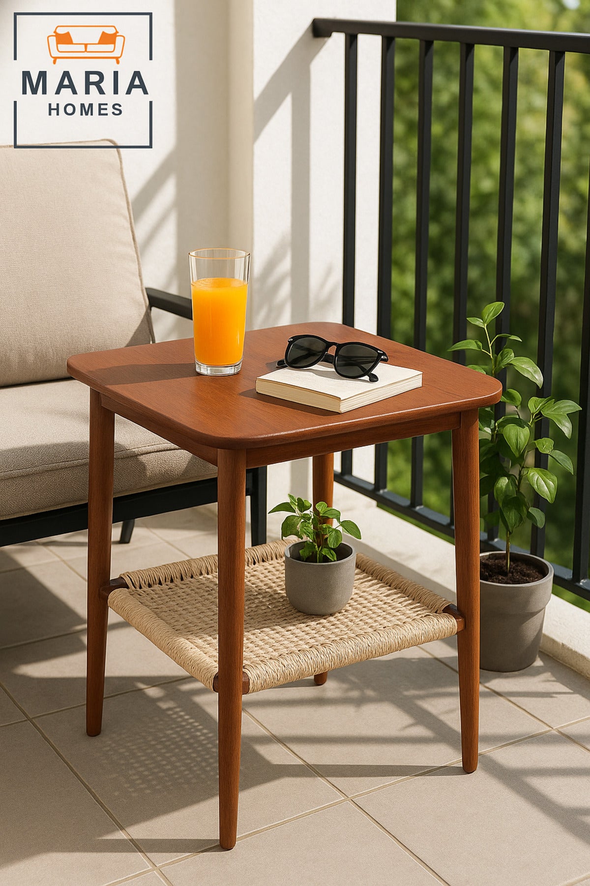 Compact Wooden Side Table with Woven Shelf Ð Square Walnut Top and Tapered Legs