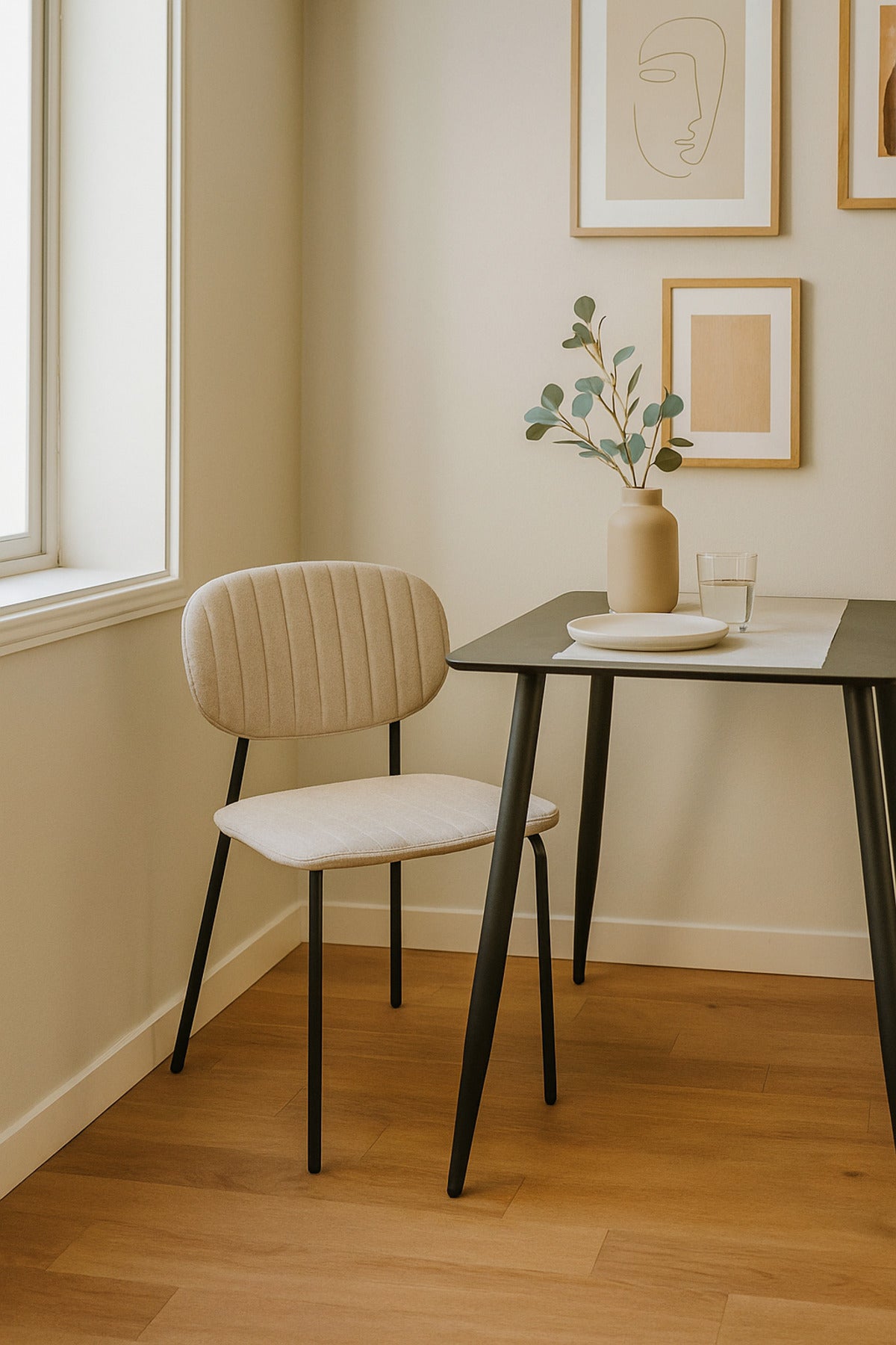 Beige Fabric Dining Chair Ð Modern Minimalist Chair with Black Metal Legs for Dining Room