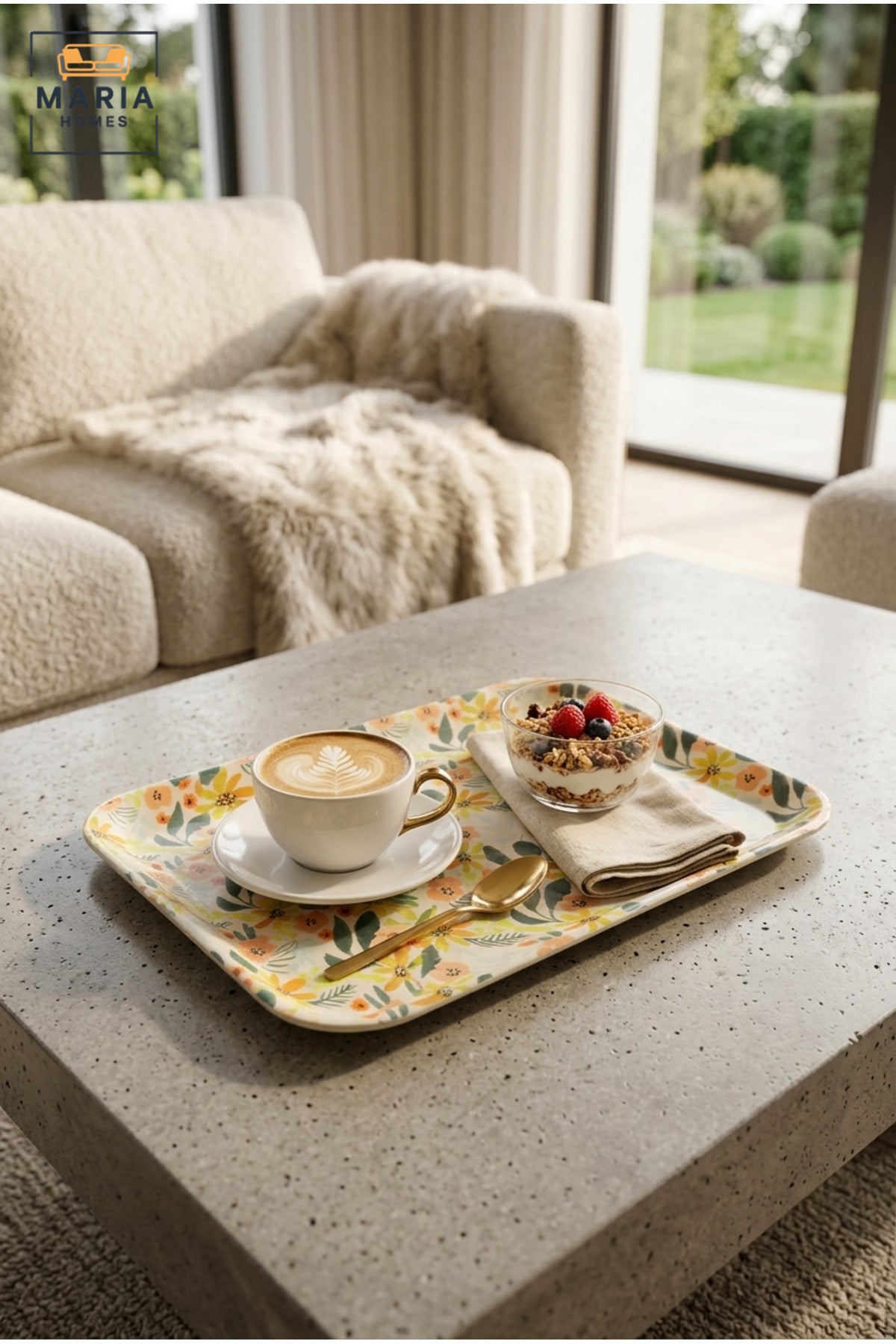 Rectangular Serving Tray with Floral Pattern, Raised Edges and Rounded Corners, Multipurpose Food Tray for Kitchen, Dining, Café and Restaurant