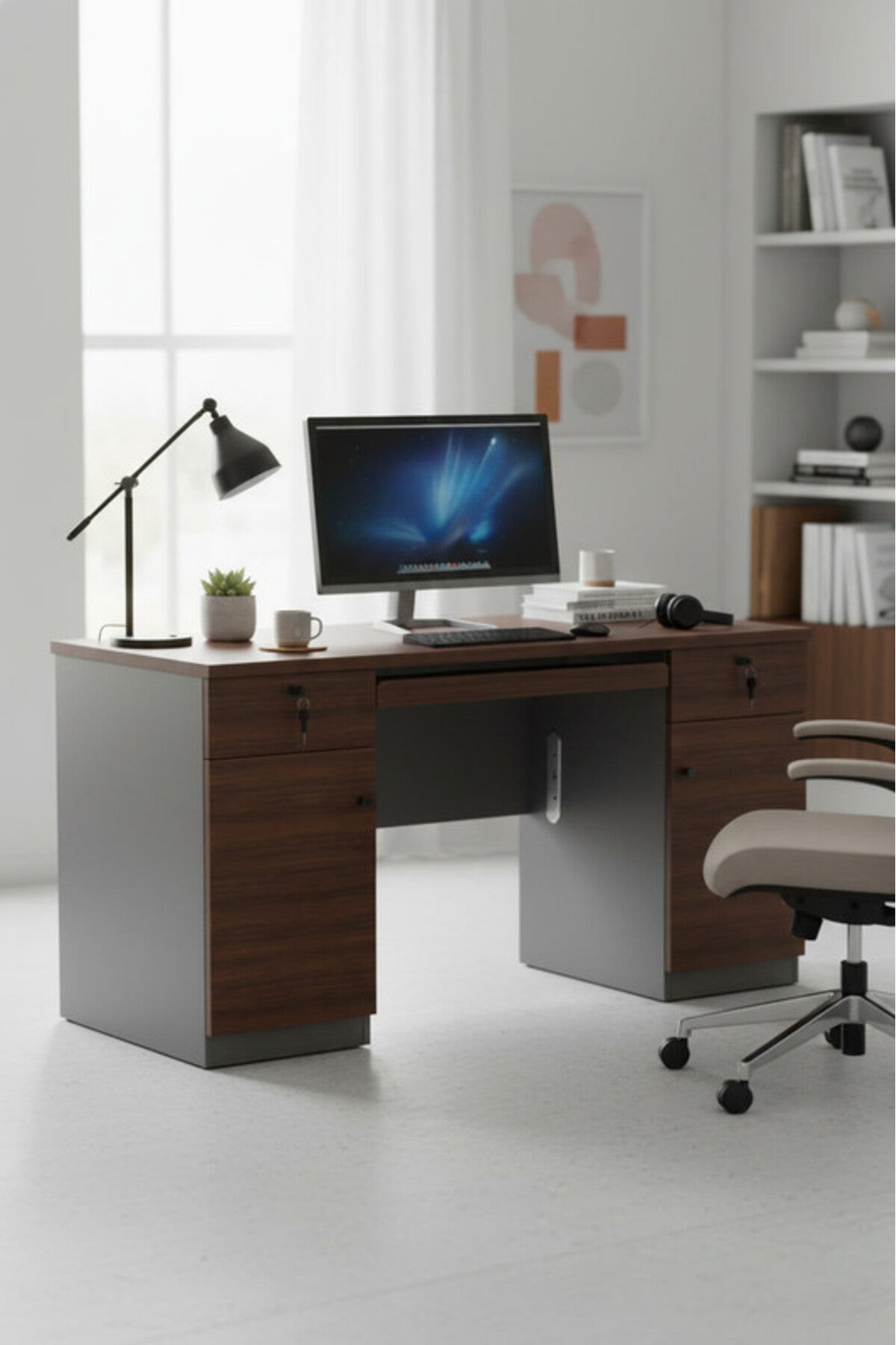 Dark Brown Office Desk with Storage & Cable Management